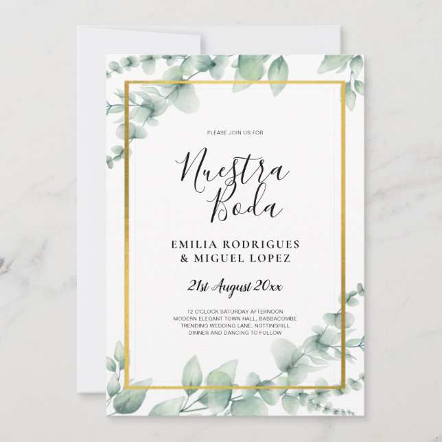 BUDGET NUESTRA BODA  Eucalyptus GOLD QR CODE  Flye Invitation (Front)
