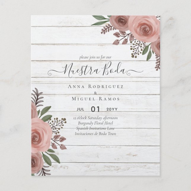Budget Nuestra BODA Invitations Burgundy Floral (Front)