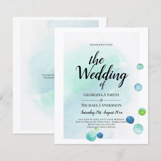 BUDGET Ocean Sea Glass Ombre Teal Blue Wedding INV (Front/Back)