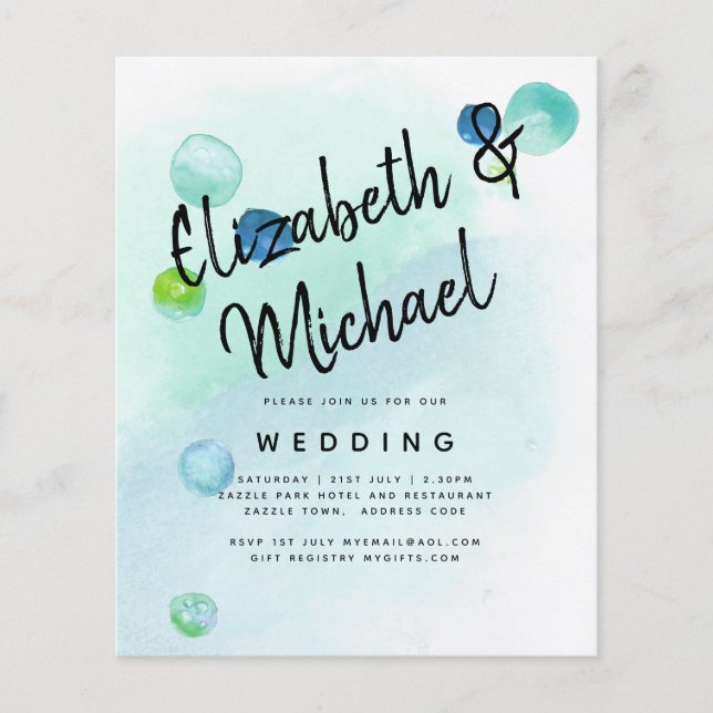 BUDGET Ocean Sea Glass Ombre Teal Blue Wedding INV Flyer (Front)