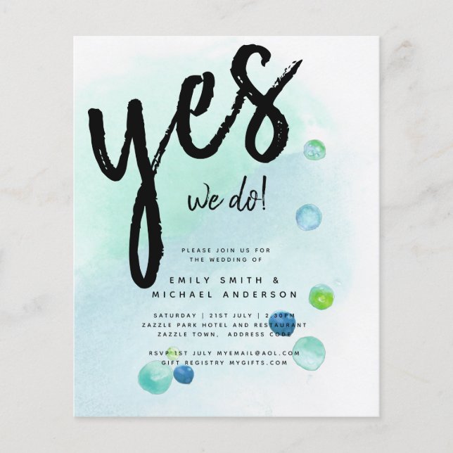 BUDGET Ocean Sea Glass Ombre Teal Blue Wedding INV Flyer (Front)