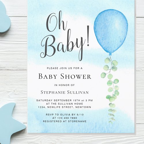 Budget Oh Baby Blue Balloon Baby Shower Invitation