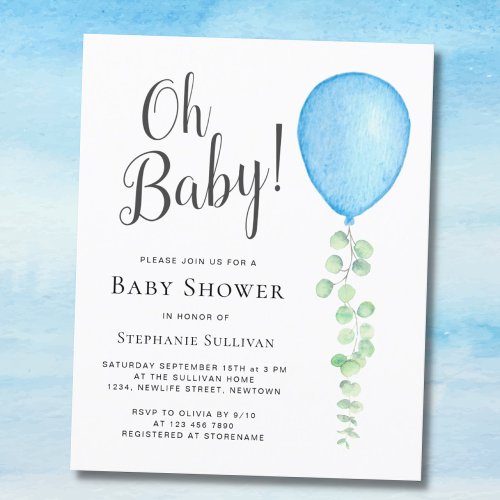 Budget Oh Baby Blue Balloon Baby Shower Invitation