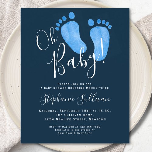 Budget Oh Baby Navy Blue Baby Shower Invitation