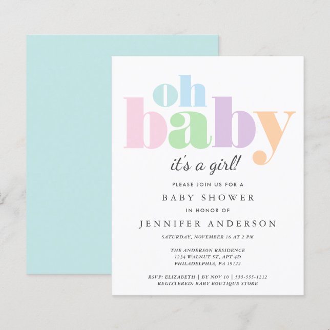 Budget Oh Baby Pastel Baby Shower Invitation (Front/Back)