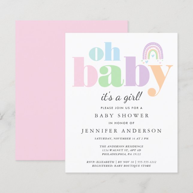 Budget Oh Baby Rainbow Baby Girl Shower Invitation (Front/Back)