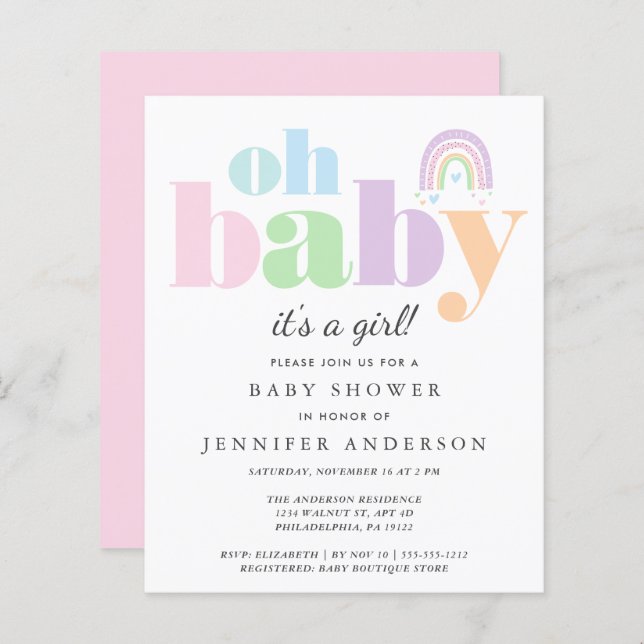 Budget Oh Baby Rainbow Baby Girl Shower Invitation (Front/Back)