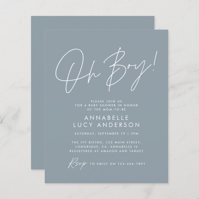 budget oh Boy baby shower script blue elegant  (Front/Back)