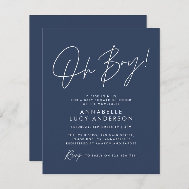 budget oh Boy baby shower script navy blue  (Front/Back)