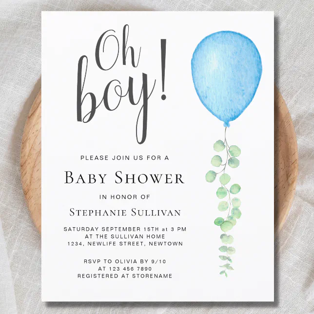 Budget Oh Boy Blue Balloon Baby Shower Invitation | Zazzle