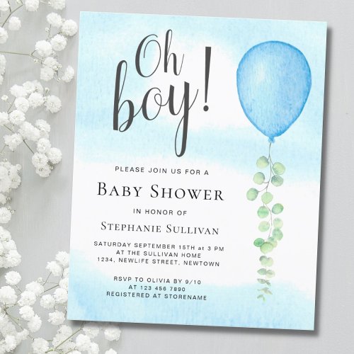 Budget Oh Boy Blue Balloon Baby Shower Invitation