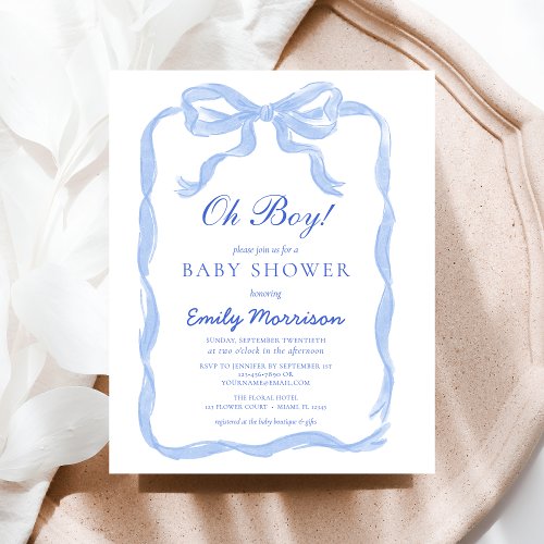 Oh Boy Blue Bow baby shower invitation
