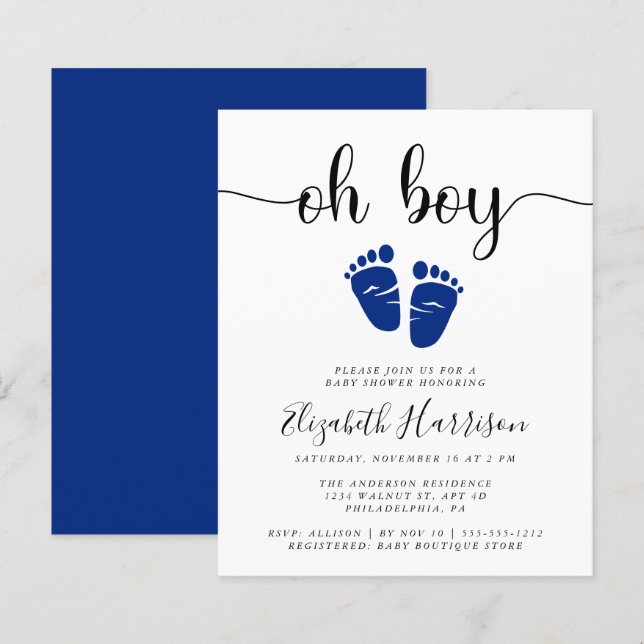 Budget Oh Boy Navy Blue Baby Shower Invitation (Front/Back)