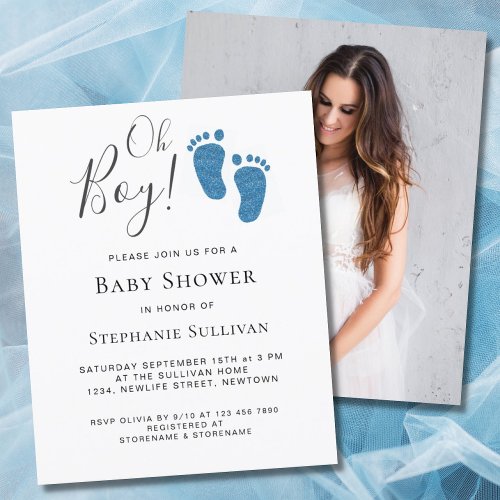 Budget Oh Boy Photo Blue Baby Shower Invitation