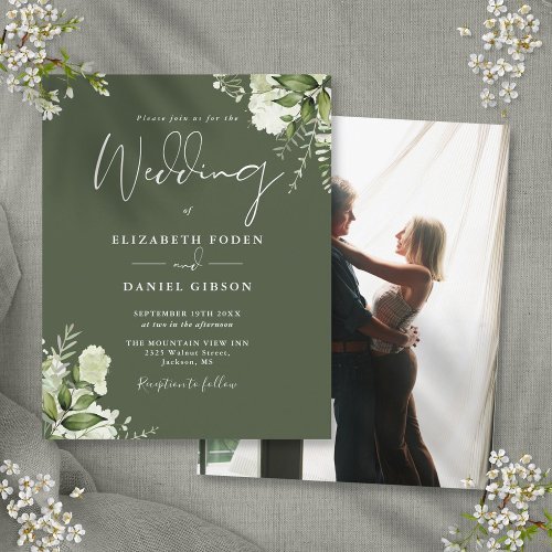 Budget Olive Green Floral Photo Wedding Invitation