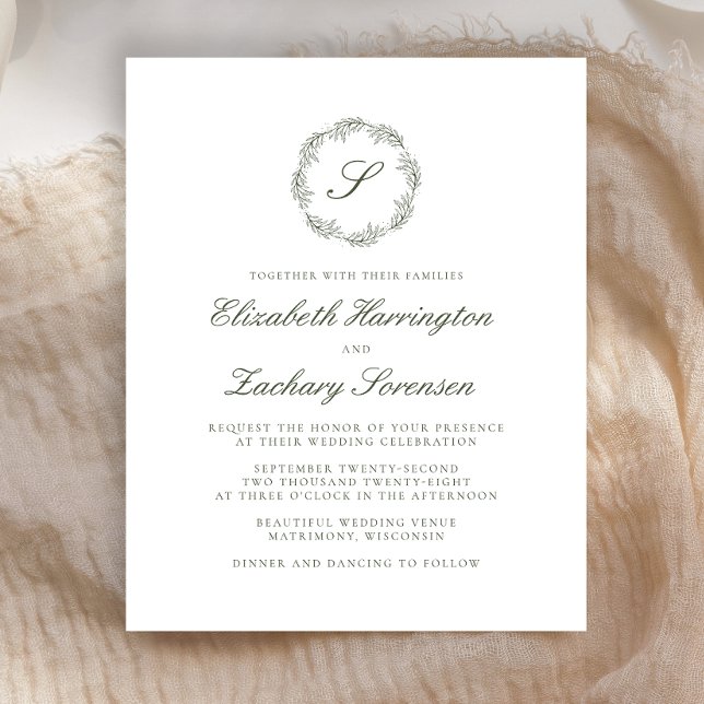 Budget Olive Green Monogram Wreath Script Wedding (Creator Uploaded)