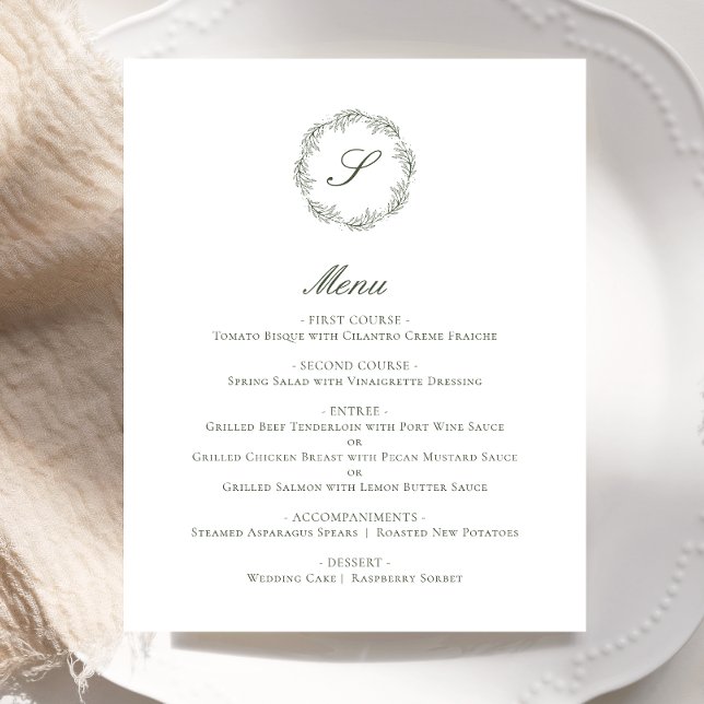 Budget Olive Green Monogram Wreath Wedding Menu (Creator Uploaded)