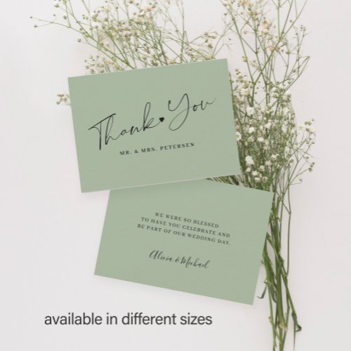 Budget olive green wedding thank you script note card