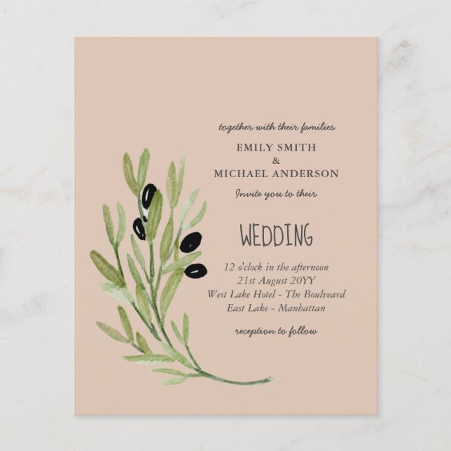 BUDGET OLIVE LEAVES Modern Minimalist Wedding Inv Flyer (Front)