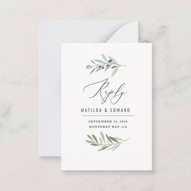 budget Olive minimal watercolor sage wedding reply Note Card (Front)
