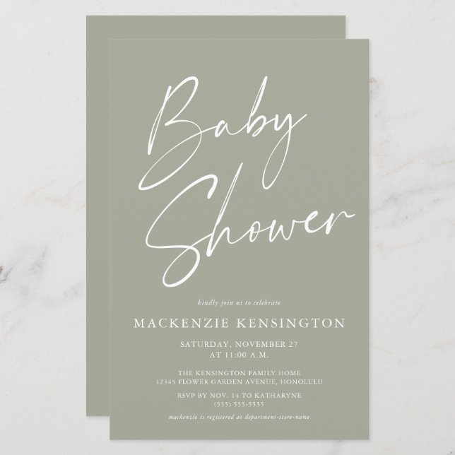 Budget Olive Sage Green Simple Script Baby Shower (Front/Back)