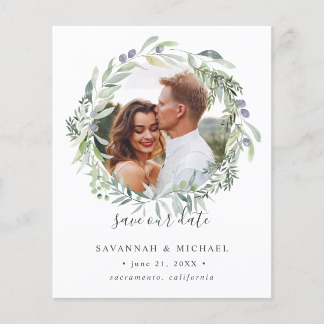 BUDGET Olive Wreath Photo wedding save the date (Front)