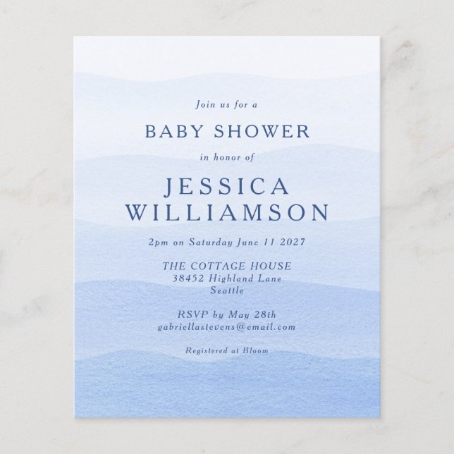 Budget Ombre Dip Dye Blue Baby Shower Invite (Front)
