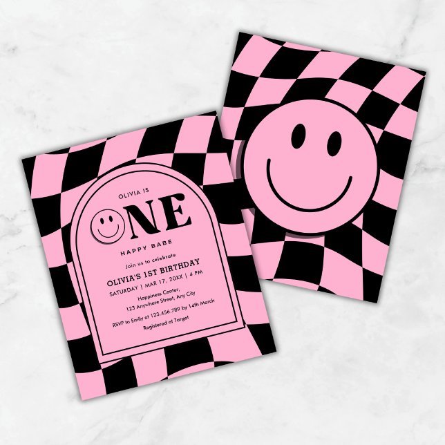 Budget One Happy Babe Pink 1st Birthday Invite (Budget One Happy Babe Happy Face Pink Girl 1st Birthday Invitation )