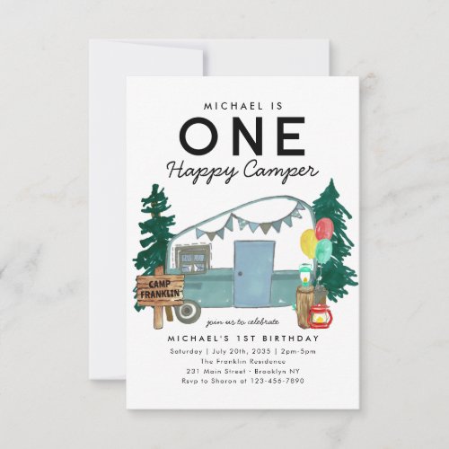Budget One Happy Camper Trees Camping 1st Birthday Note Card
