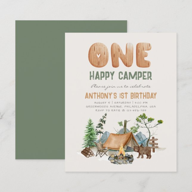 Budget One Happy Camper Woodland 1st Birthday  (Front/Back)