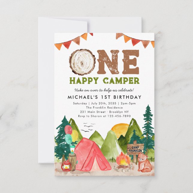 Budget One Happy Camper Woodland Bear 1st Birthday Note Card (Front)
