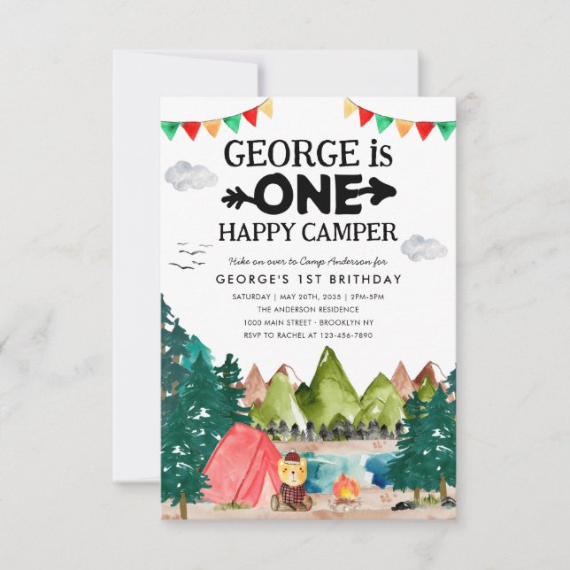 Budget ONE Happy Camper Woods Camping 1st Birthday Note Card (Front)