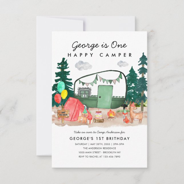 Budget ONE Happy Camper Woods Camping 1st Birthday Note Card (Front)