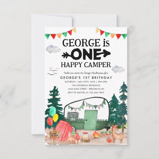 Budget ONE Happy Camper Woods Camping 1st Birthday Note Card (Front)