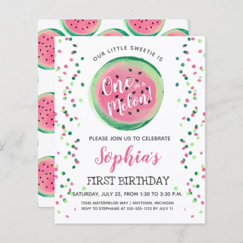 Budget One in a Melon 1st Birthday Invitation