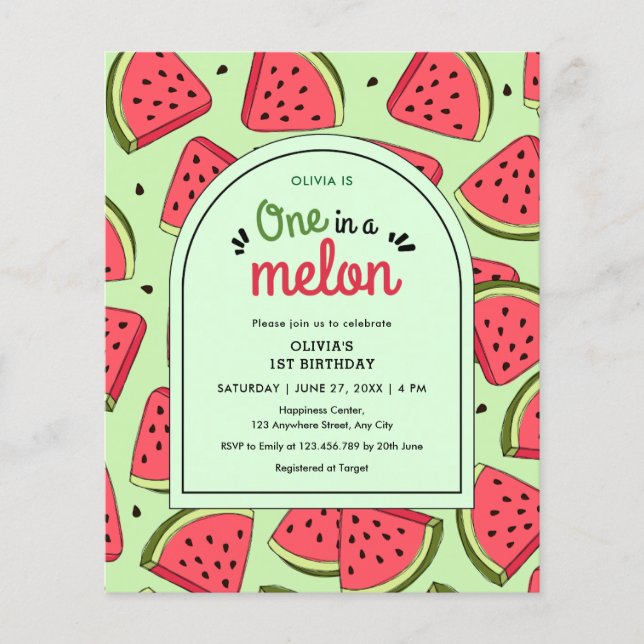Budget One in a Melon 1st Birthday Invitation  Flyer (Front)