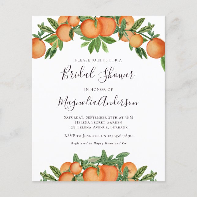 Budget Orange Citrus Bridal Shower Invitation (Front)