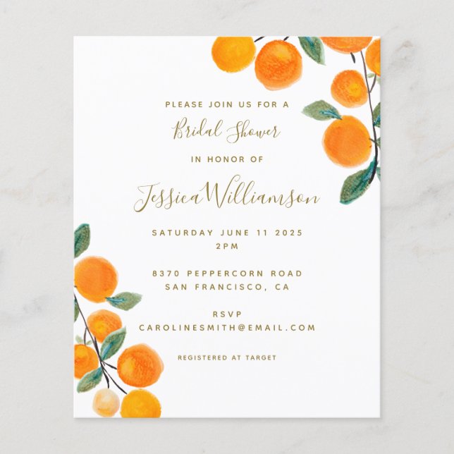 Budget Orange Citrus Fruit Bridal Shower Invite (Front)
