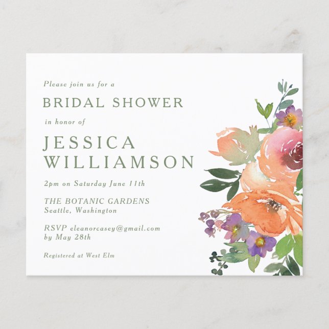 Budget Orange Floral Art Bridal Shower Invite (Front)