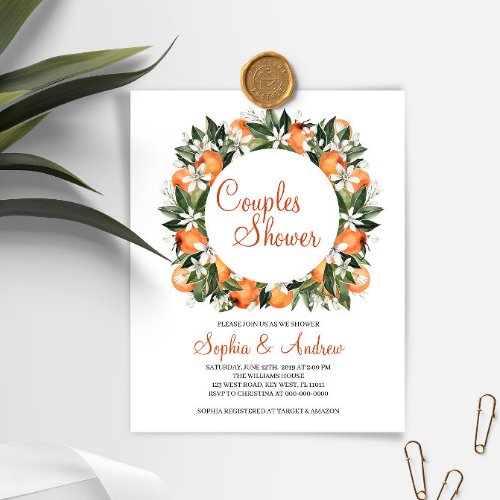 Budget Orange Floral Couples Shower Invitation