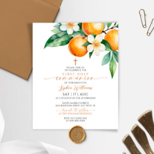 Budget Orange Floral First Communion Invitation