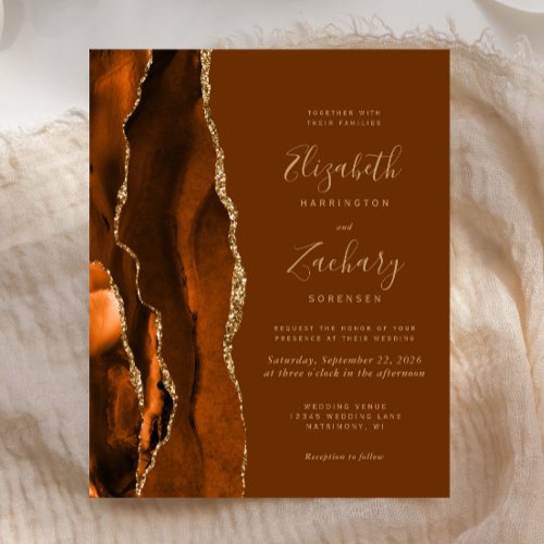 Budget Orange Gold Brown Agate Wedding Invite