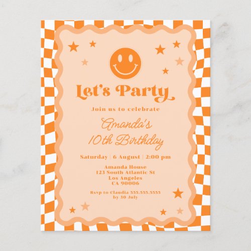 Budget Orange Happy Face Checkered Birthday Invite