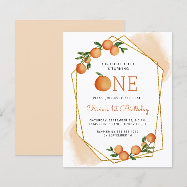 Budget Orange Little Cutie 1st Birthday Invitation (Front/Back)