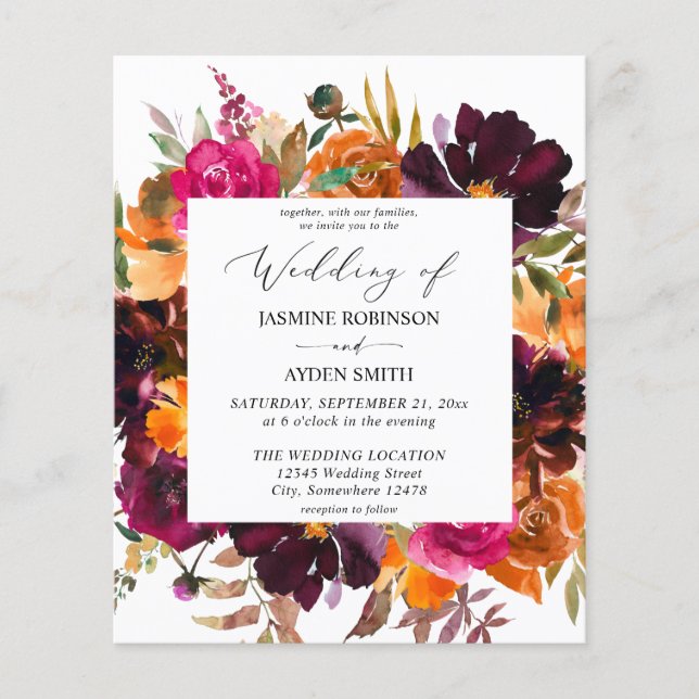 Budget Orange, Pink, Purple Fall Floral 2 Weding Flyer (Front)