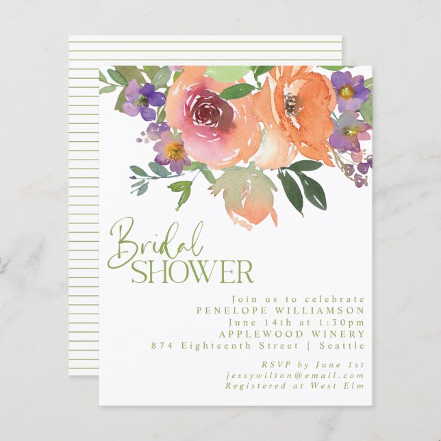 Budget Orange Purple Botanical Bridal Shower (Front/Back)