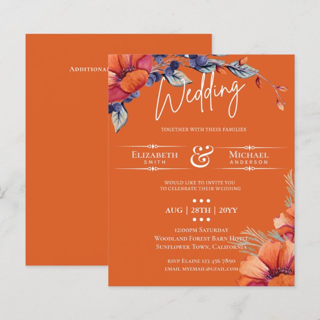 BUDGET Orange Purple Floral Wedding Invite (Front/Back)
