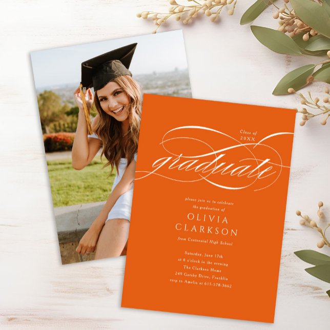 Budget Orange Script Photo Graduation Party Invitation (Creator Uploaded)