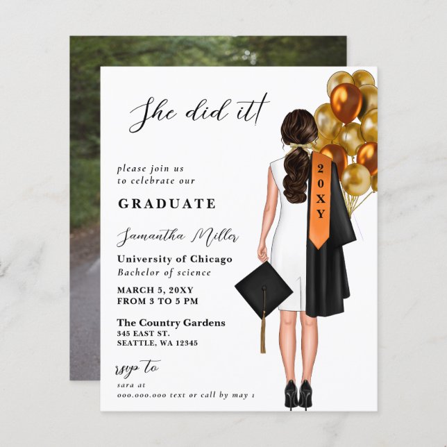 Budget Orange Simple Photo She Did It Graduation (Front/Back)