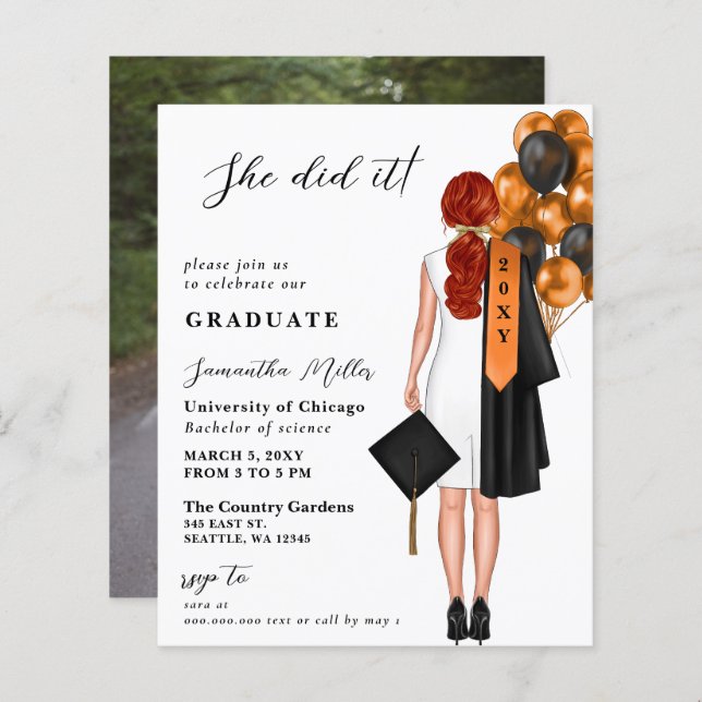 Budget Orange Simple Photo She Did It Graduation (Front/Back)